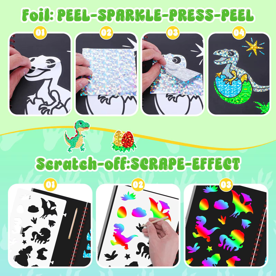 CutteeyFyry Dinosaurier-Folienaufkleber-Buch und Kratzkunstpapier, Malset, ab 3 Jahre - Bild 3