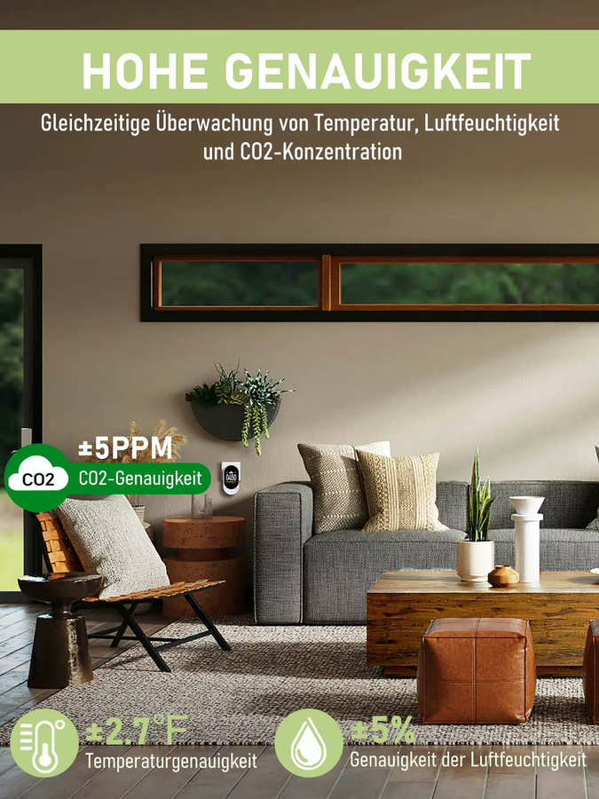 LSENLTY 3-in-1 CO2 Messgerät in Weiß zur Messung von CO2-Wert, Temperatur und Luftfeuchtigkeit mit Alarmfunktion und Handbuch - Bild 8