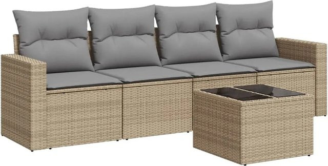vidaXL 5-teilige Garten-Sofagarnitur in L-Form aus Poly-Rattan mit Kissen in Beige-Grau - Bild 1
