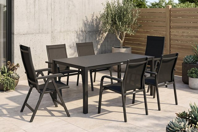 Kettler BasicPlus Garten-Essgruppe in Anthrazit mit Tisch und 6 Stühlen aus Alu, Spraystone und Textil, B/T: 160 x 95 cm - Bild 1