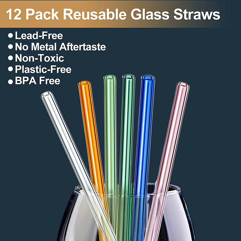 Set aus 12 wiederverwendbaren Glasstrohhalmen in Transparent, gerade, Länge: 20 cm, inklusive 2 Reinigungsbürsten für Getränke, Shakes und Milchtee - Bild 4