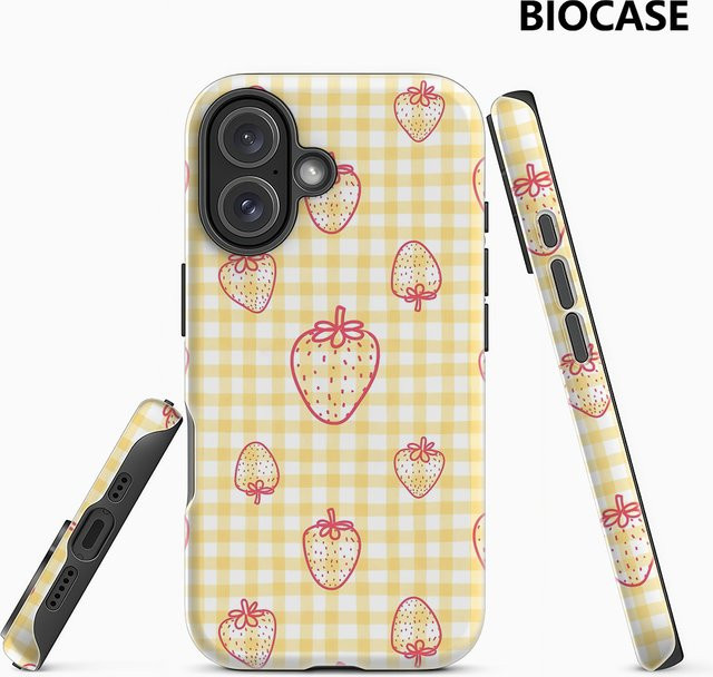Potdemiel Handyhülle mit Erdbeer-Design in Gelb für iPhone 17 16 15 14 13 Pro Max Plus, robuste magnetische Schutzhülle mit Einzel- und Doppelschicht-Schutz - Bild 1