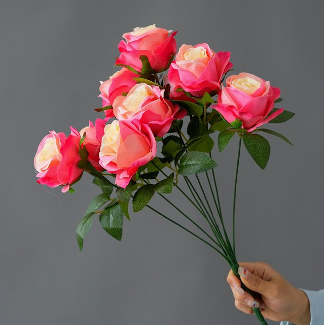 WQNJIN Künstliches Blumenbouquet aus Seide mit 9 Pfingstrosen und Rosen in Pink und Lila zur Dekoration für Hochzeit und Zuhause - Bild 1