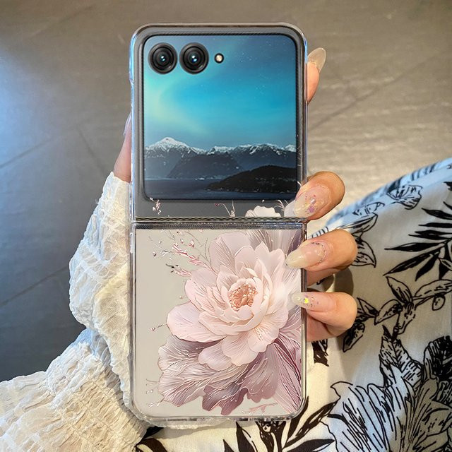 MOESOE Handyhülle mit rosa Blumenmuster für Motorola Razr 60 40 50 Ultra, transparente stoßfeste Klapphülle aus hartem PC - Bild 1