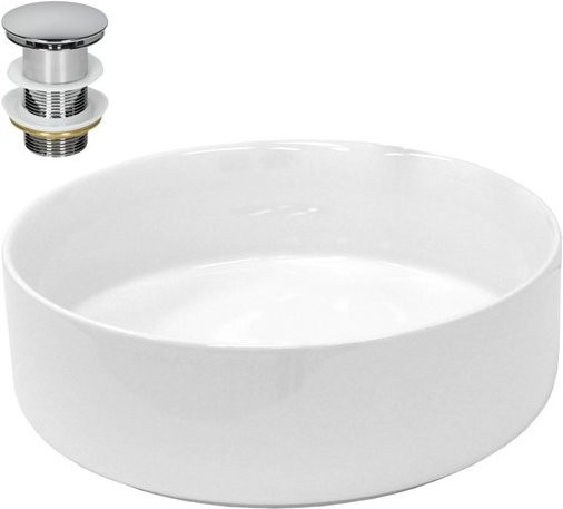 LuxeBath Aufsatzwaschbecken aus Keramik in Weiß, rund, inkl. Ablaufgarnitur in Silber, Durchmesser: 35,5 cm, Höhe: 12 cm - Bild 1