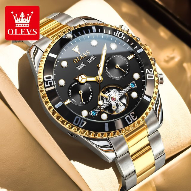OLEVS Armbanduhr Automatik, Edelstahl, Schwarz, Gold, Herren - Bild 1