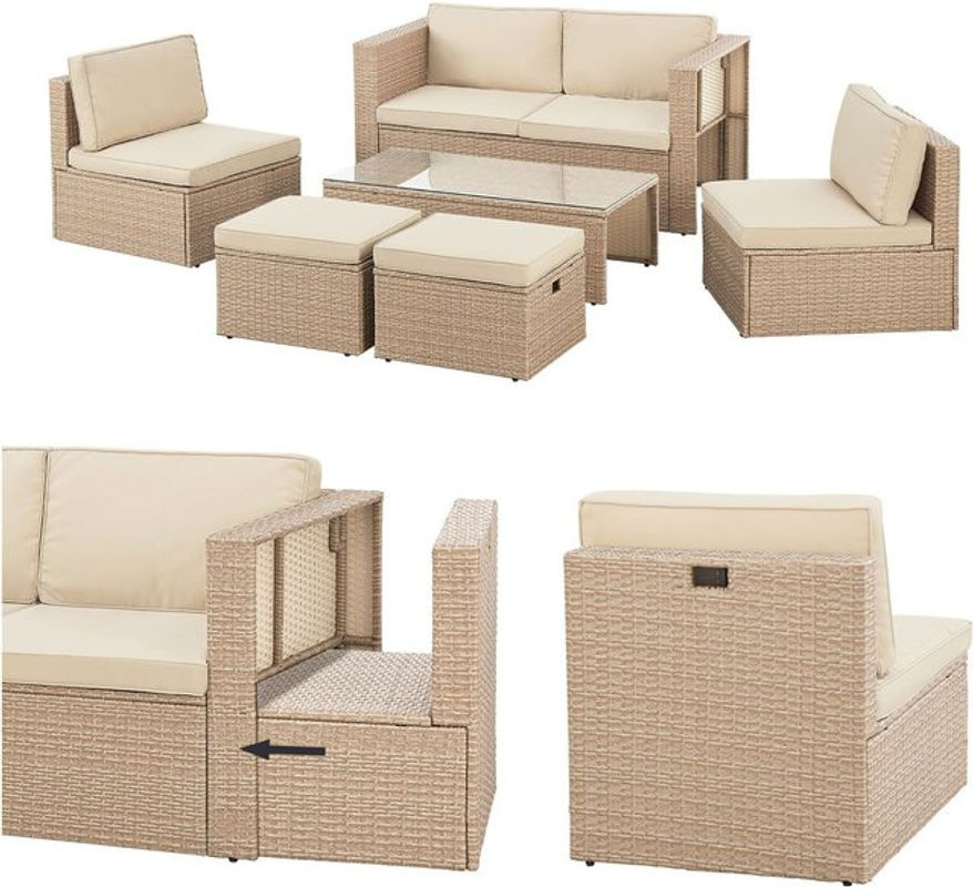 Juskys Polyrattan Gartenmöbel Set Salou Outdoor Lounge für 6 Personen in Beige/Sand mit Kaffeetisch und Polsterkissen - Bild 4