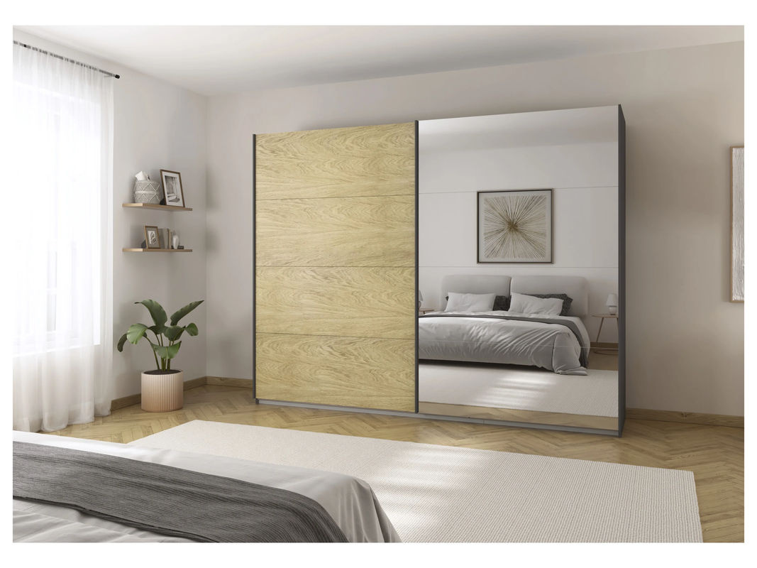 RAUCH Malva-Extra Schwebetürenschrank mit Spiegel in Eiche Furnier und Grau, Breite: 271 cm, Höhe: 210 cm - Bild 2