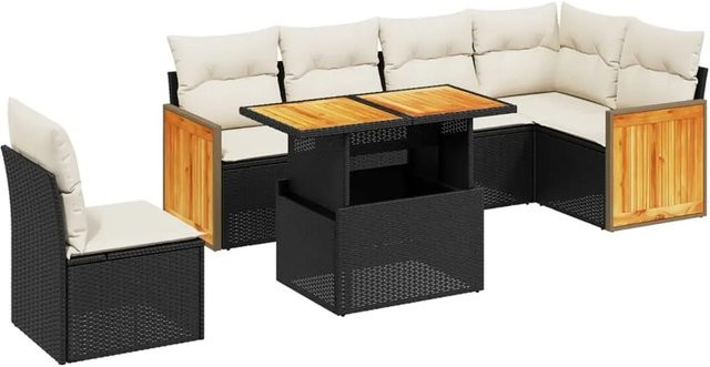 vidaXL 7-teilige Garten-Sofagarnitur aus Poly-Rattan und Akazienholz in Schwarz mit cremeweißen Kissen - Bild 1