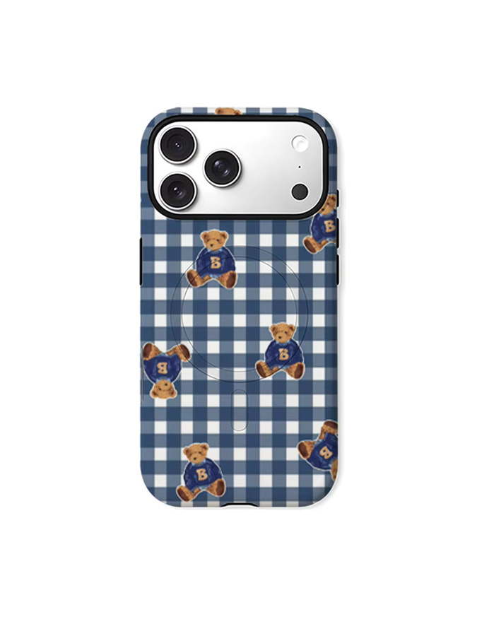 CaseLumi Matte Bumper MagSafe Hülle für iPhone 17 16 15 14 13 Pro Max mit Karomuster und Teddy-Charm in Blau - Bild 5