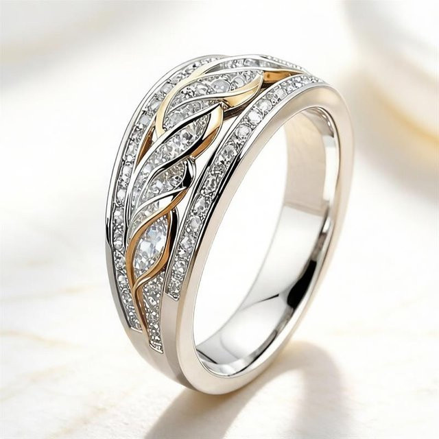 Huitan Damen-Ring, Bicolor, Blatt-Gravur, Zirkonia, Vintage - Bild 1