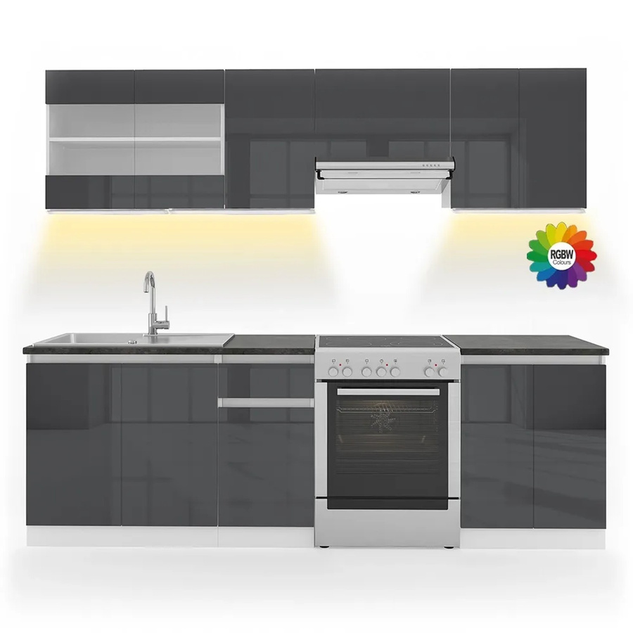 Vicco Raul Küchenzeile Anthrazit und Weiß mit LED-Leisten, B/T/H: 240 x 60 x 82 cm - Bild 2