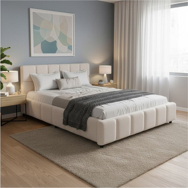 Juskys Polsterbett Florenz in Creme mit Bubble Design und gepolstertem Kopfteil aus Bouclé, B/T/H: 140 x 200 cm - Bild 1