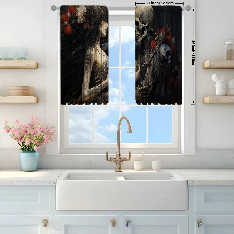 VIKAMA Gothic Rose Skull Vorhänge im Dark-Style, Schwarz, halbtransparent mit Ösen - Bild 4