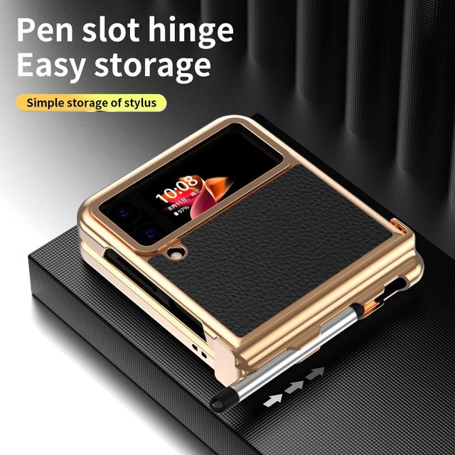 Anti-Staub Leder Schutzhülle für Samsung Galaxy Z Flip 4 5G in Schwarz und Gold - Bild 1