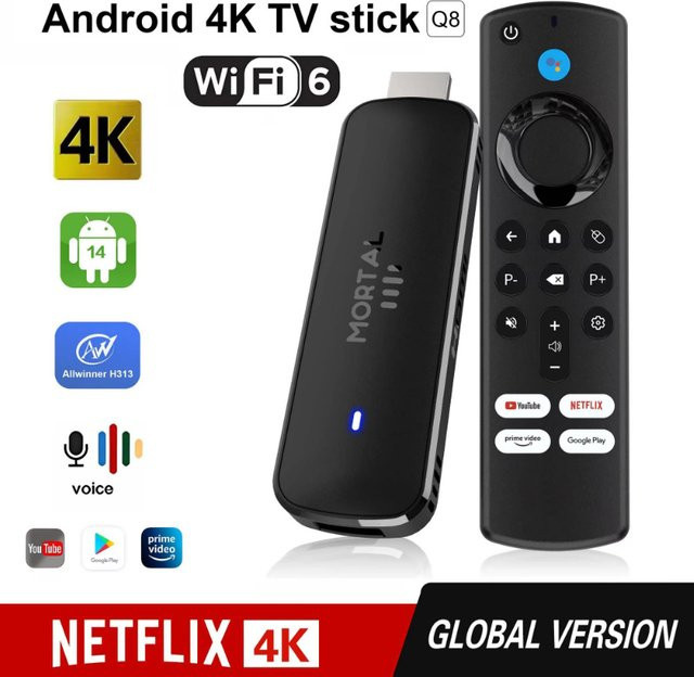 Mortal Q8 Android 14 TV Stick Globale Version mit Allwinner H313 Chip, WiFi 6 und Sprachfernbedienung, 8K 4K @ 60fps, 2GB RAM 16GB ROM, Schwarz - Bild 1