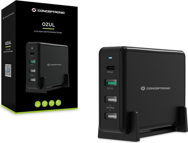 Conceptronic OZUL 4-Port 65W USB-PD Desktop-Ladegerät mit USB-C und USB-A in Schwarz (CN) - Bild 1