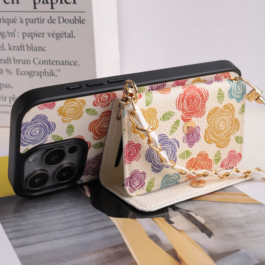 Hardware Crossbody Lanyard Flip Hülle aus Kunstleder mit Blumendruck und Kartenhalter für iPhone 11 bis iPhone 17 Pro Max, Multicolor - Bild 2