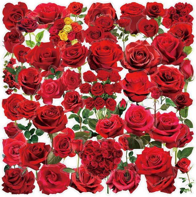 50 Stück transparente rote Rosen-Aufkleber aus wasserfestem PET von AnimeWorlds Store - Bild 1