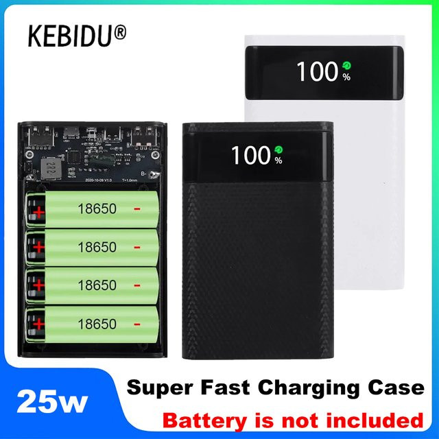 Kebidumei DIY Power Bank Gehäuse für 4x 18650 Akkus mit 25W Schnellladefunktion, Dual USB, Micro USB und Typ C, Farbe: Weiß, ohne Akkus - Bild 1