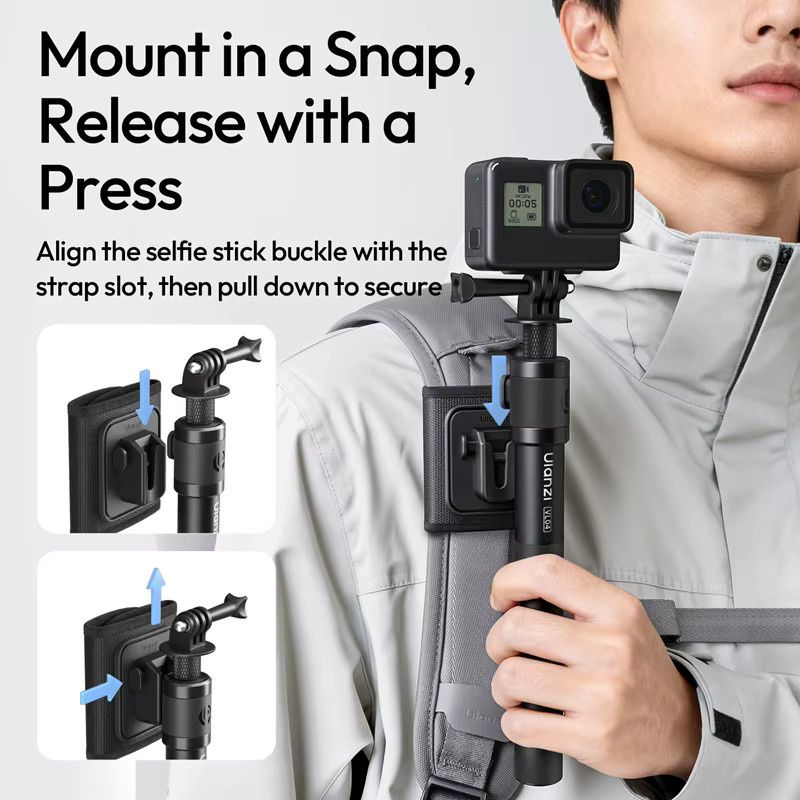 Ulanzi VL04 Selfie Stick Verlängerungsstange mit Rucksackklemme in Schwarz für GoPro Hero, DJI OSMO und Insta360, 1,1 m - Bild 2