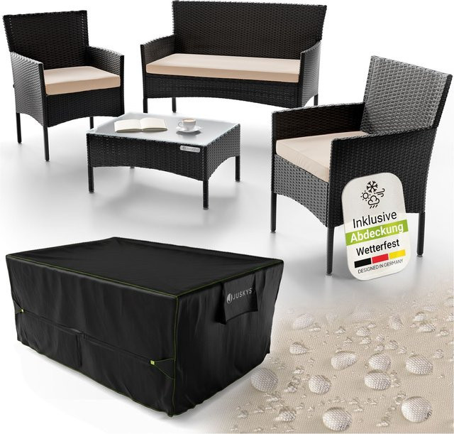 Juskys Polyrattan Gartenmöbel-Set Fort Myers in Schwarz mit Tisch, Sofa, 2 Stühlen, Auflagen und Abdeckung in Rattan-Optik - Bild 1