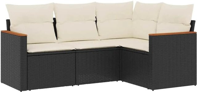 vidaXL 4-tlg Garten-Sofagarnitur in L-Form aus Poly-Rattan und Akazienholz mit Kissen in Schwarz - Bild 1