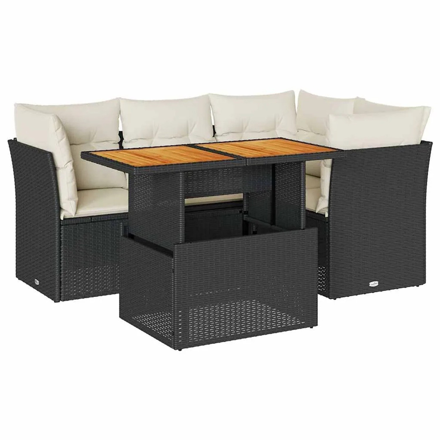 vidaXL 5-teilige Garten-Sofagarnitur aus Poly-Rattan und Akazienholz in Schwarz-Creme mit Kissen - Bild 2