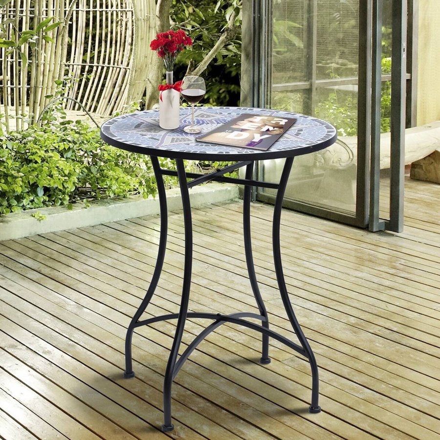 Outsunny Gartentisch rund mit Mosaiktischplatte aus Keramik und Stahl, Blau/Weiß, Durchmesser: 60 cm, Höhe: 71 cm - Bild 4