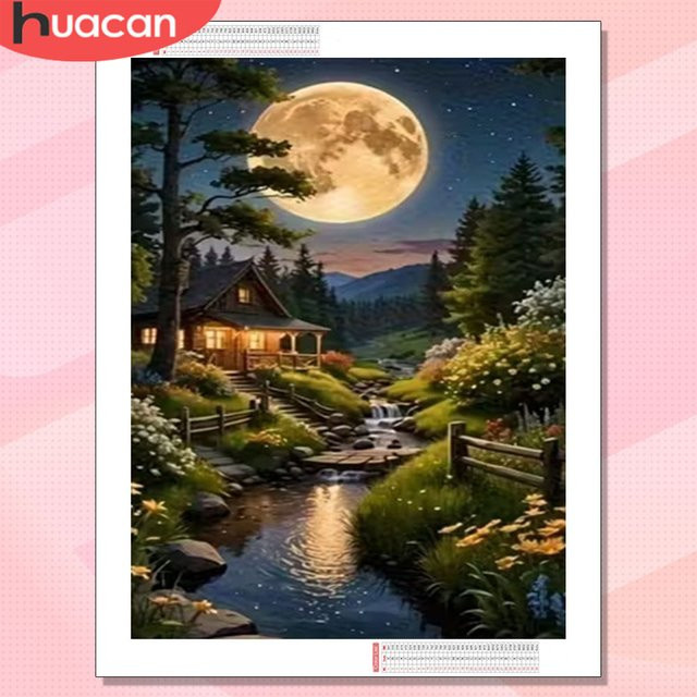HUACAN Diamant-Mosaik Set 5D Haus und Landschaft mit Mond Motiv, Multicolor, B/H: 30,0 x 20,0 cm - Bild 1