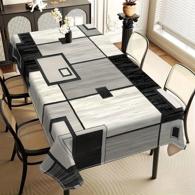 Moderne minimalistische Tischdecke von JMG Household Supplies mit geometrischem Patchwork-Design in Grau, Schwarz und Weiß aus strapazierfähigem Polyester, B/B: 145 x 200 cm - Bild 1