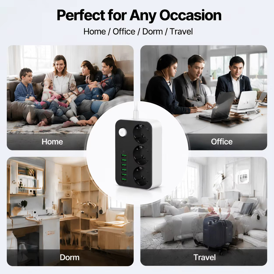 EU-Steckdosenleiste mit 3 Steckdosen und 6 USB-Anschlüssen inklusive USB-C, 2500W Verlängerungskabel mit 2m Länge und Überspannungsschutz für Zuhause und Büro - Bild 6