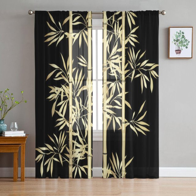 Schwarzer Tüll-Vorhang von Super Six mit goldfarbenen Blumenblättern, transparent, B: 135 cm, H: 137 cm - Bild 1