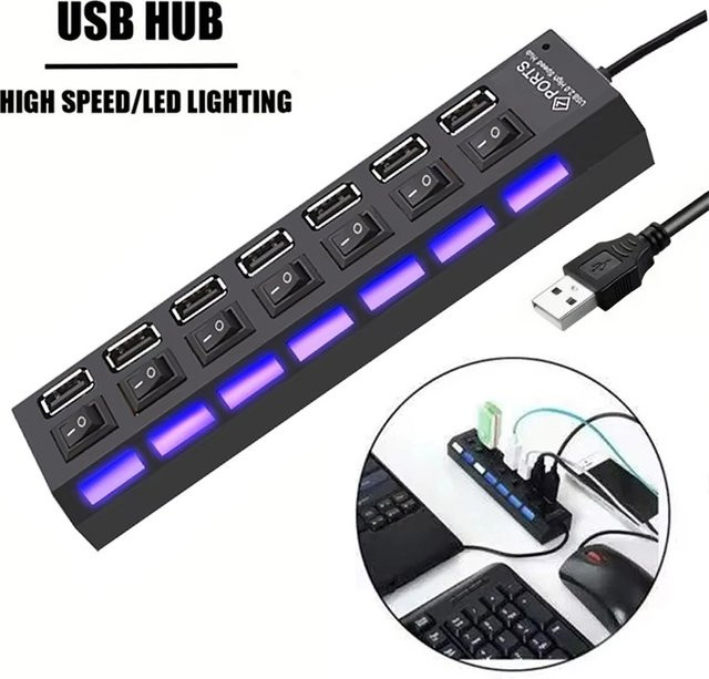 VORTNGLE USB 2.0 Hub 7-Port USB-Erweiterung mit EIN/AUS-Schalter und USB-Netzteil, Schwarz - Bild 1
