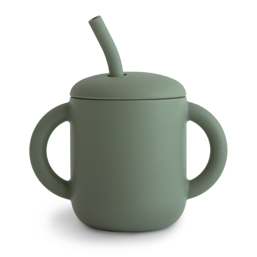 Mushie Silikonbecher mit Trinkhalm in Dried Thyme Green, BPA-frei und auslaufsicher - Bild 1