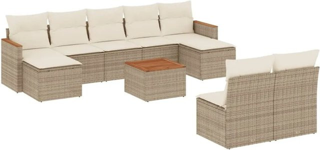 vidaXL 10-tlg. Garten-Sofagarnitur in L-Form aus beige farbenem PE-Rattan mit Kissen und pulverbeschichtetem Stahlgestell - Bild 1