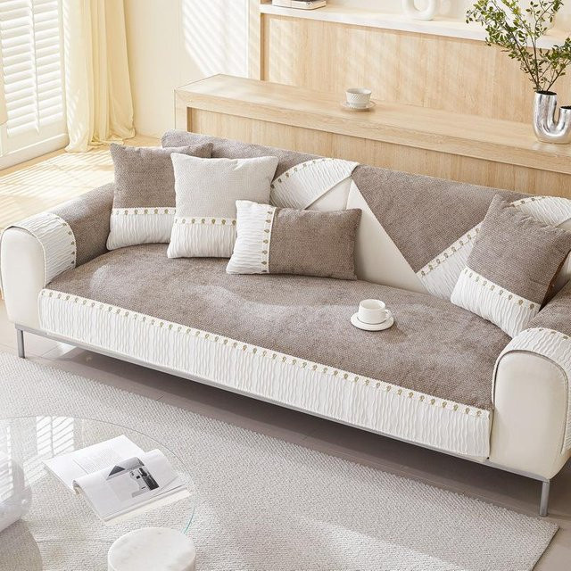 Sofakissenbezug aus französischem Chenille von Super Six in Beige, L-förmiges Spleißmuster, 70 x 70 cm - Bild 1