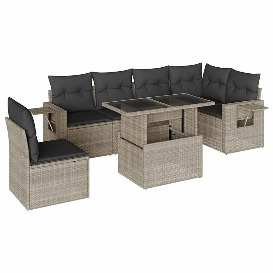 vidaXL 7-tlg. Garten-Sofagarnitur in L-Form mit Kissen und Couchtisch, Anthrazit/Hellgrau, Poly-Rattan mit Metallgestell - Bild 2