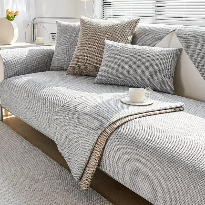 Nordischer Sofabezug aus Baumwollleinen in einfarbigem Design, rutschfester L-Couch-Schonbezug für das Wohnzimmer, Breite: 110 cm, Tiefe: 180 cm - Bild 3