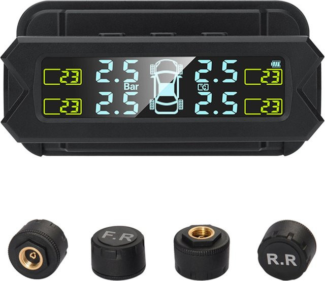 TOMTOP Kabelloses Solarenergie Reifendruckkontrollsystem mit LCD-Anzeige und 5 Alarmmodi, Schwarz - Bild 1