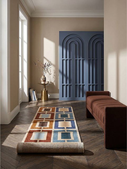 Geometrischer Läufer Kadima Design von DERWENT in Blau-Bunt aus Wolle, B/T/H: 60 x 230 x 1 cm - Bild 1