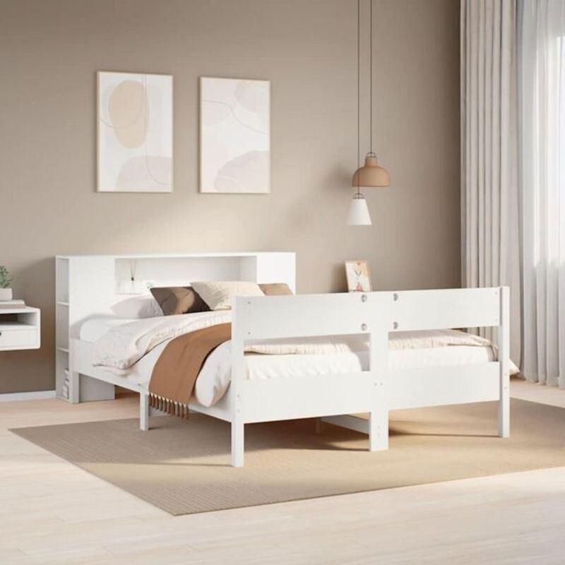 Massivholzbett Vidaxl aus Kiefer mit Regal in Weiß, B/T/H: 140 x 200 cm, Skandinavischer Stil - Bild 1