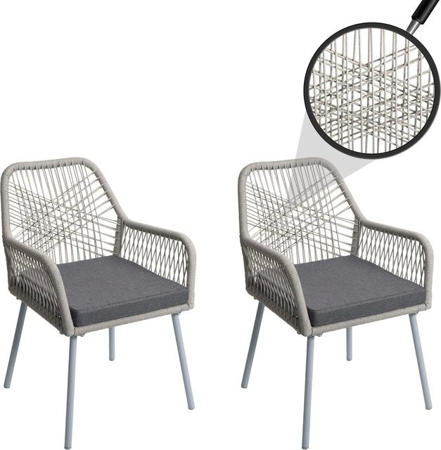 2er-Set MCW Gartenstühle O12 aus Aluminium mit grauem Seilgeflecht und dunkelgrauen Sitzpolstern - Bild 1