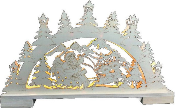 I-GLOW LED-Schwibbogen aus Holz mit Weihnachtsmann und Rentierschlitten in Weiß
