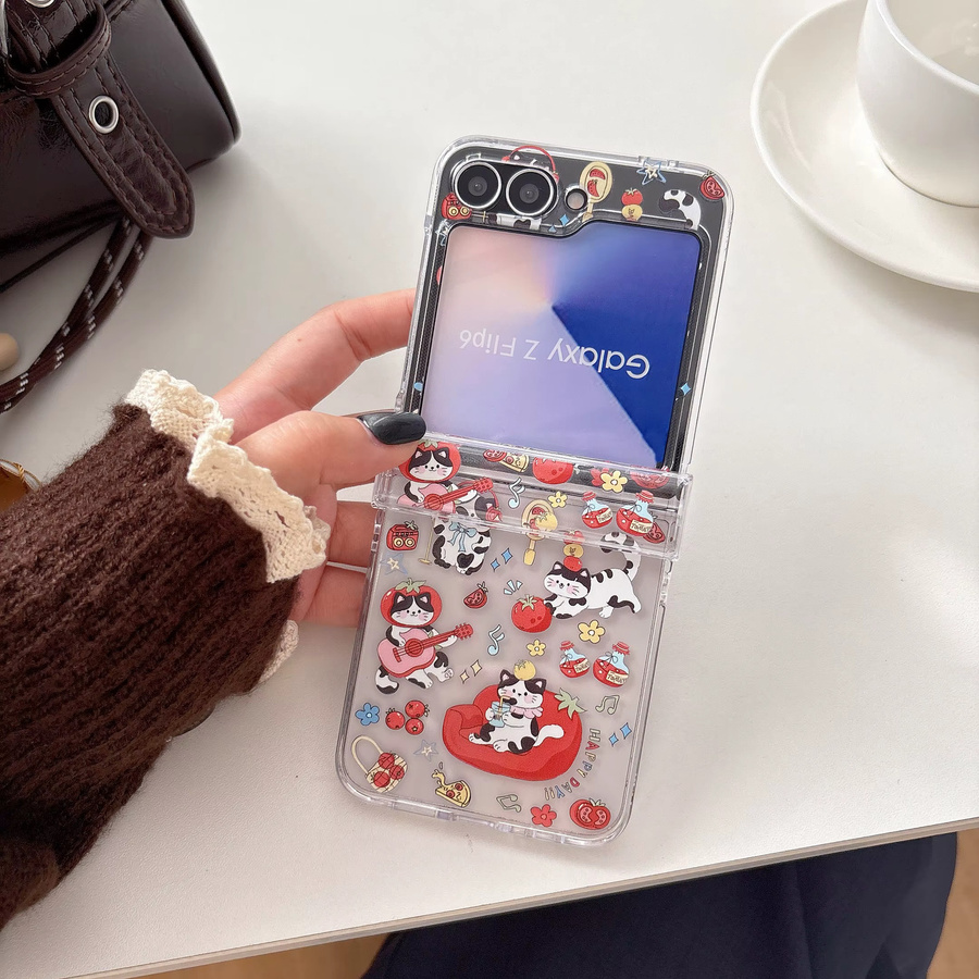 Transparente Handyhülle mit Cartoon-Musik Meow Star Design für Samsung Galaxy Z Flip 7 6 5 4 3 inklusive Scharnierabdeckung und Lanyard - Bild 3