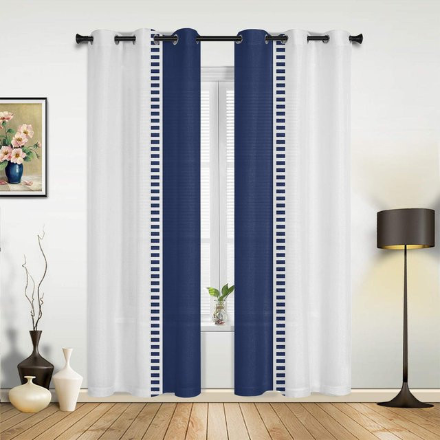 Moderne halbtransparente Vorhänge mit blau-weißem Streifenmuster von Household supplies MH, Breite: 135 cm, Höhe: 137 cm - Bild 1