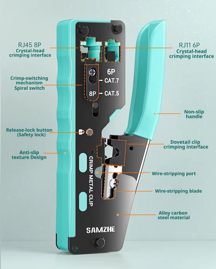 SAMZHE RJ45 Crimpzange für Cat6, Cat5 und Cat5e Ethernet LAN Stecker in Blau mit Ersatzklingen-Zubehör - Bild 6