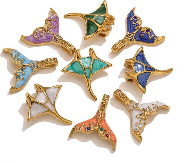 Aiovlo Charms Edelstahl, vergoldete Emaille, Manta-Ray, Diamant, Zirkonia, Unisex - Bild 1