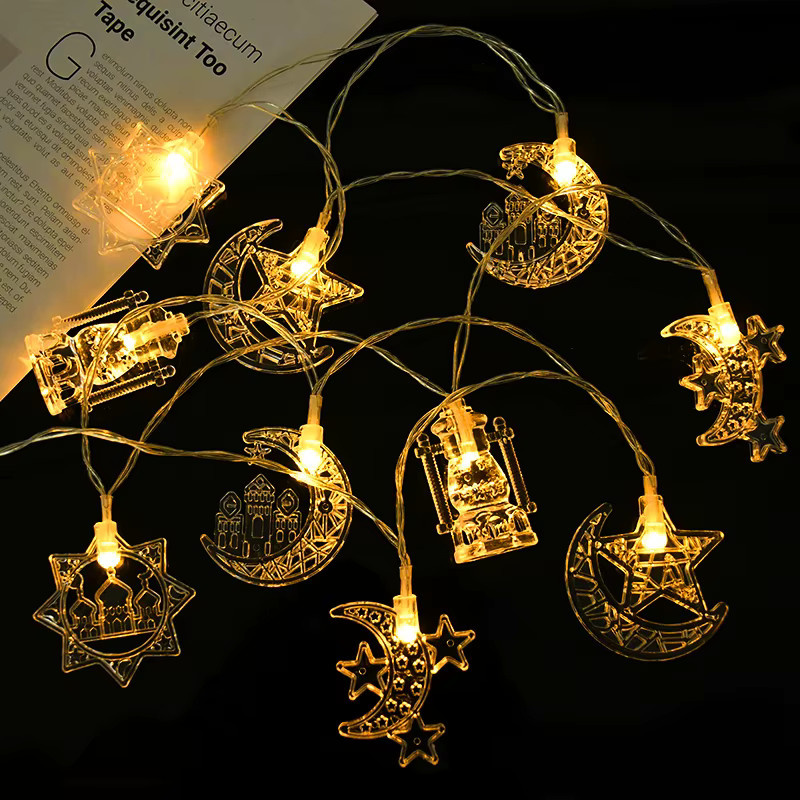 ZQNYCY LED Lichterkette Ramadan Dekoration mit Mond, Stern und Laterne in Gold/Messing, Warmweiß, Länge: 1,5 m - Bild 4
