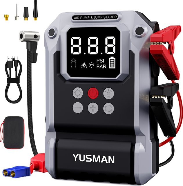 YUSMAN 4-in-1 Notfallstarter in Schwarz mit 26800mAh, 5000A Spitzenstrom, 150PSI Luftkompressor und Powerbank für 12V-Fahrzeuge - Bild 1